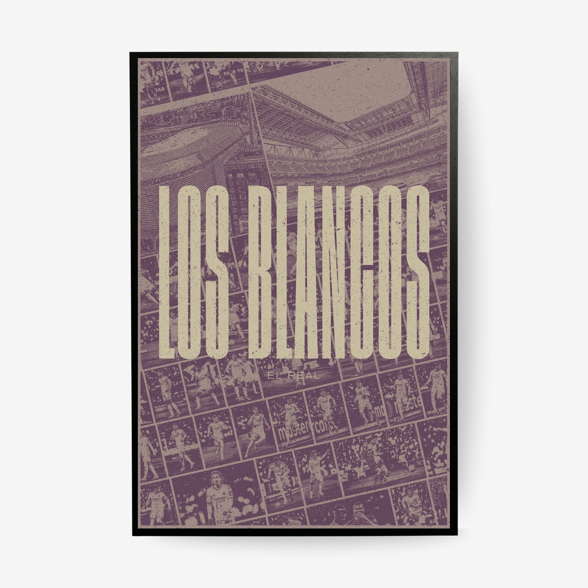 Real Madrid Los Blancos football poster in a black frame featuring Santiago Bernabeu and historic club moments