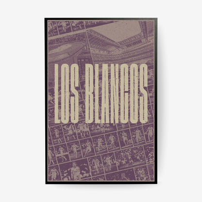 Real Madrid Los Blancos football poster in a black frame featuring Santiago Bernabeu and historic club moments