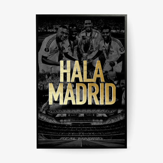 Poster with football players and 'Hala Madrid' text in a stadium setting