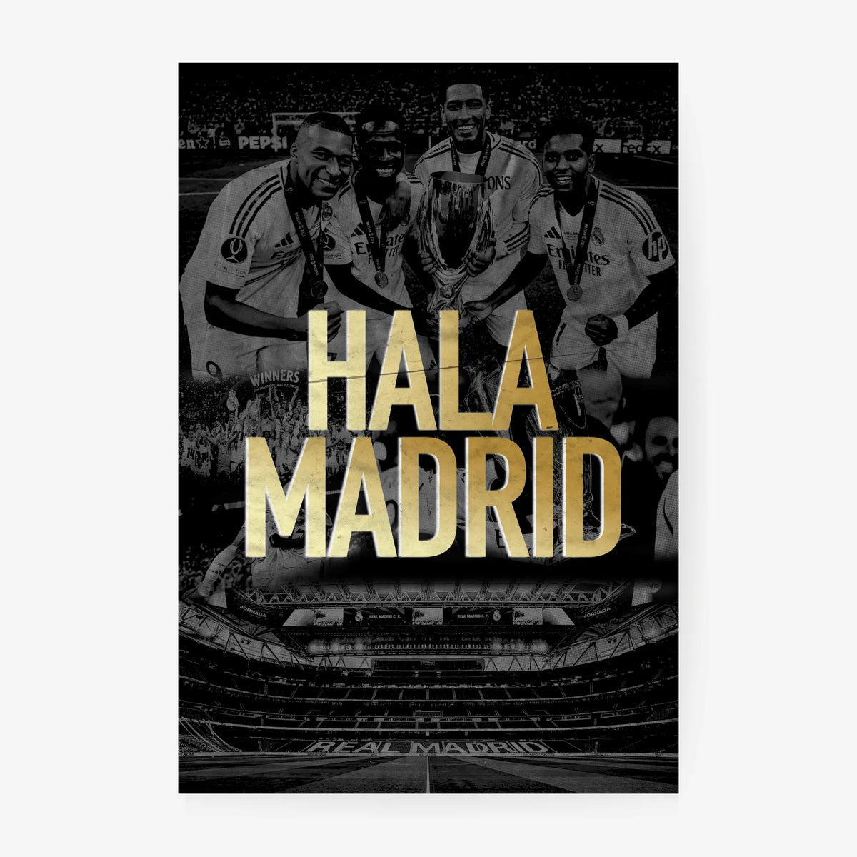 Black and white photo of three men in sports uniforms with 'Hala Madrid' text overlay.