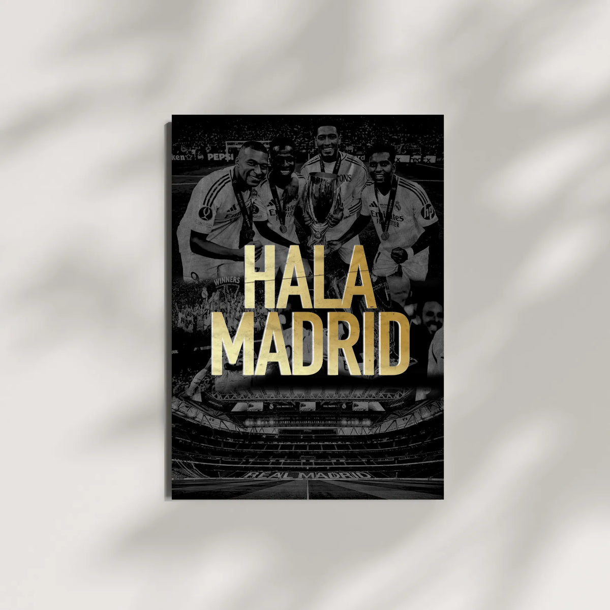 Poster with soccer players and 'Hala Madrid' text on a dark background