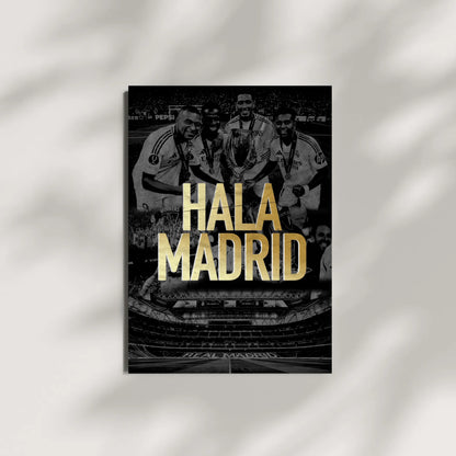 Poster with soccer players and 'Hala Madrid' text on a dark background