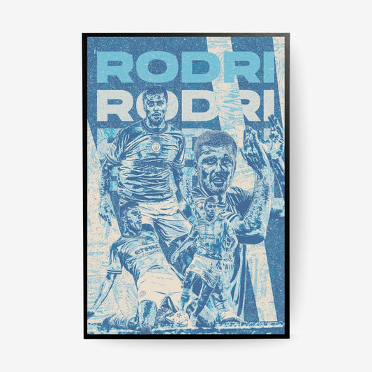 Rodri Manchester City poster in a black frame featuring a vintage blue football collage