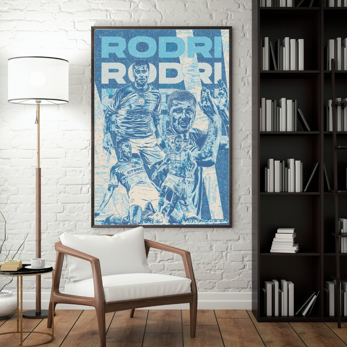 Rodri Manchester City poster displayed in a modern interior with a dark frame