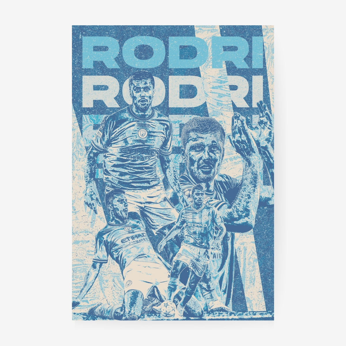 Rodri Manchester City poster featuring a vintage blue and cream football collage