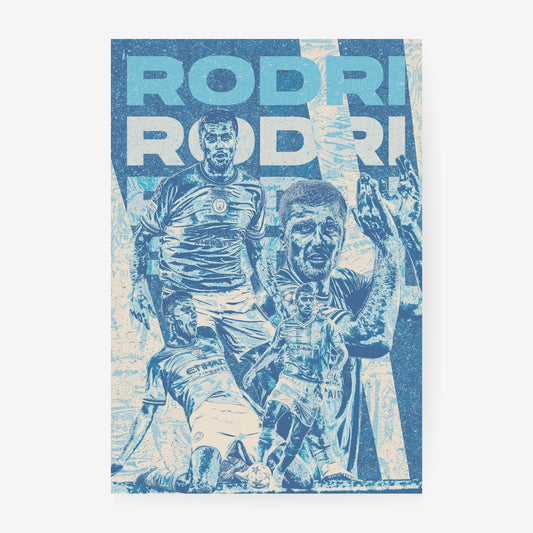 Rodri Manchester City poster featuring a vintage blue and cream football collage