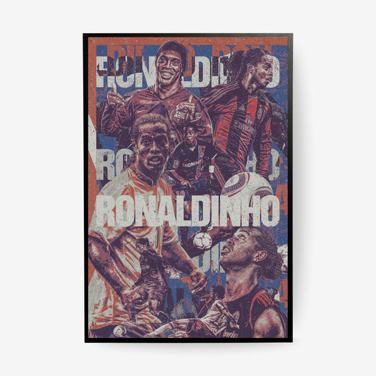 Ronaldinho football poster in a black frame featuring iconic moments from his Barcelona, AC Milan and Brazil career in a vintage collage design