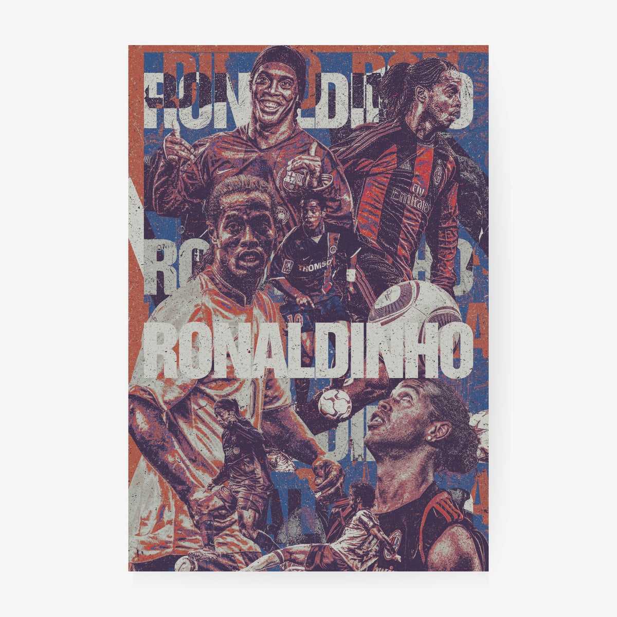 Ronaldinho football poster featuring iconic moments from his Barcelona, AC Milan and Brazil career in a vintage distressed collage design