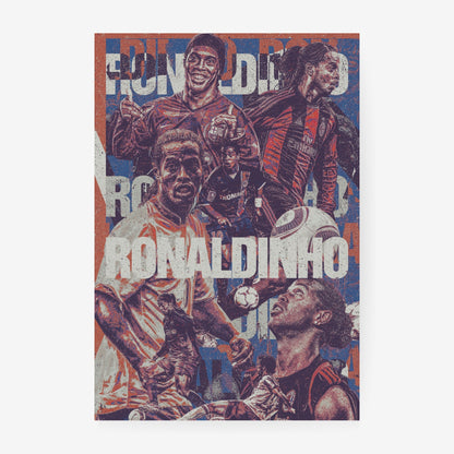 Ronaldinho football poster featuring iconic moments from his Barcelona, AC Milan and Brazil career in a vintage distressed collage design