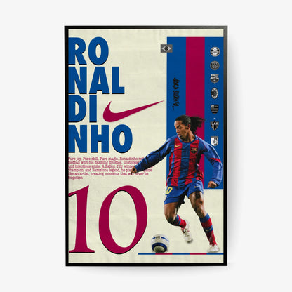 Vintage Ronaldinho football poster featuring the Brazilian legend in Barcelona kit with number 10