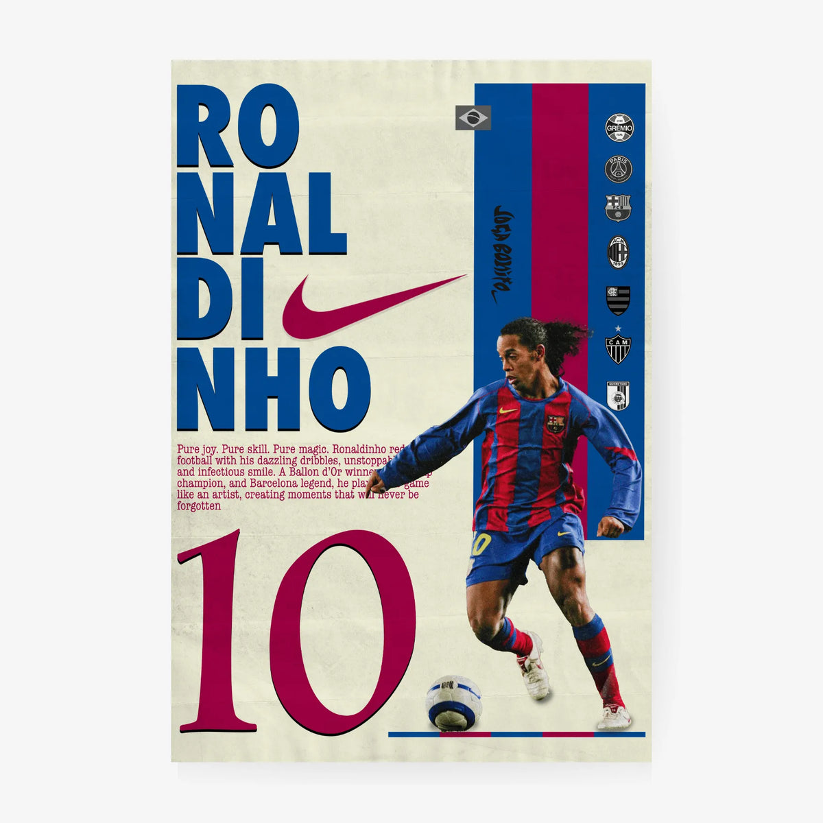 Minimalist Ronaldinho wall art showcasing his iconic Barcelona days in red and blue stripes.