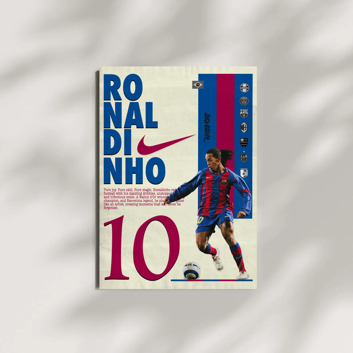 Ronaldinho retro-style football poster with bold typography and artistic background.
