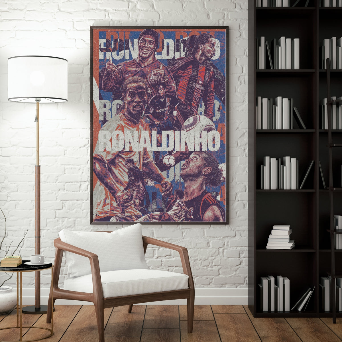 Ronaldinho football poster displayed in a modern interior featuring iconic moments from his legendary football career