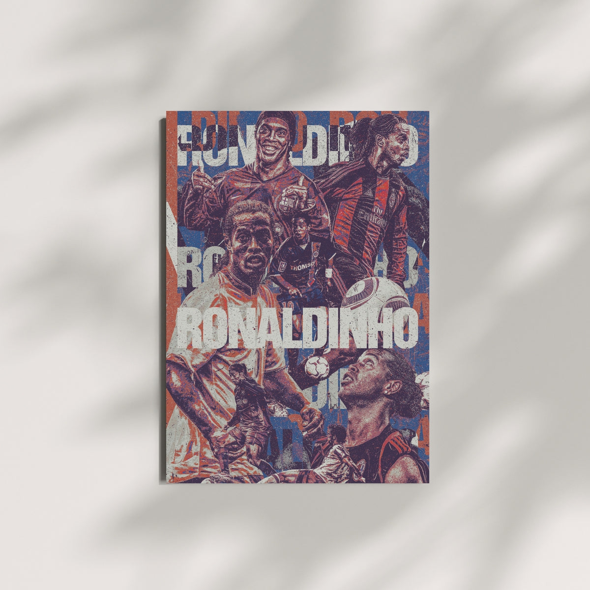 Ronaldinho football wall art featuring a vintage collage of iconic moments from his Barcelona, AC Milan and Brazil career