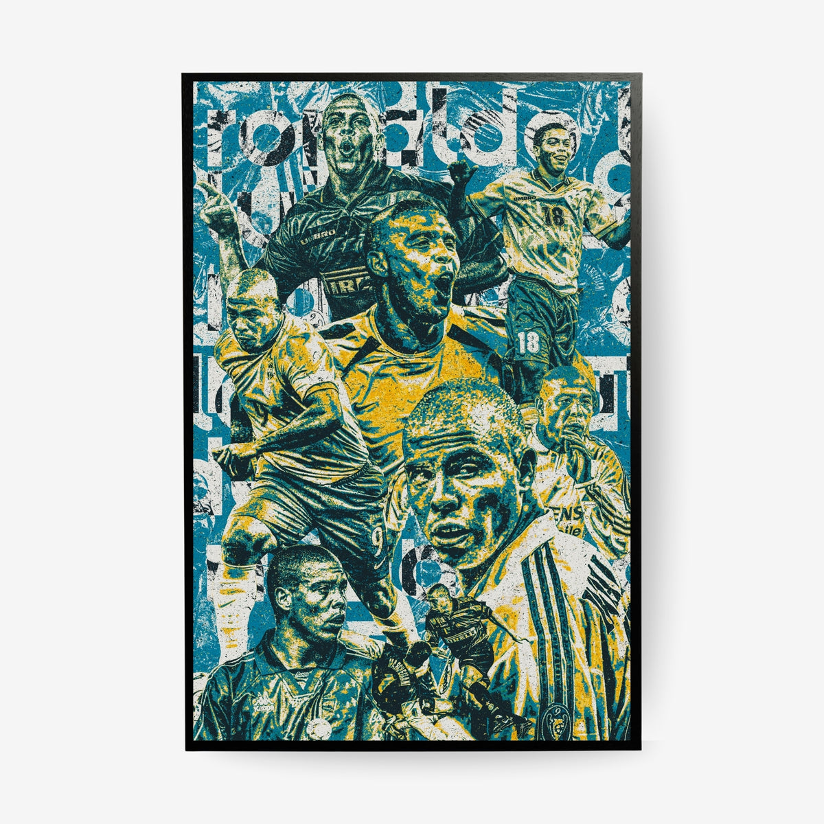 Ronaldo Nazario football poster in a black frame featuring iconic Brazil and Inter Milan moments in a vintage blue and yellow collage design