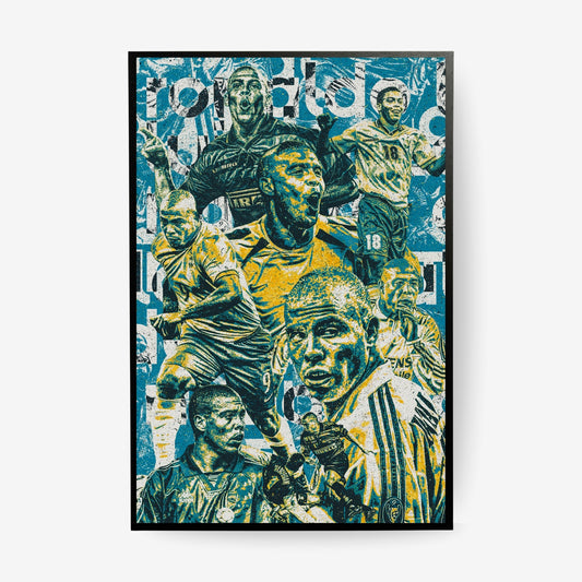 Ronaldo Nazario football poster in a black frame featuring iconic Brazil and Inter Milan moments in a vintage blue and yellow collage design