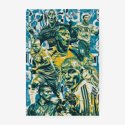 Ronaldo Nazario football poster featuring iconic Brazil and Inter Milan career moments in a distressed blue and yellow collage design