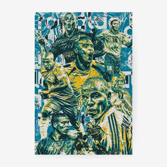 Ronaldo Nazario football poster featuring iconic Brazil and Inter Milan career moments in a distressed blue and yellow collage design