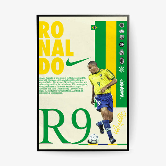 Poster of Ronaldo Nazário in Brazil jersey, with yellow and green design and career highlights.