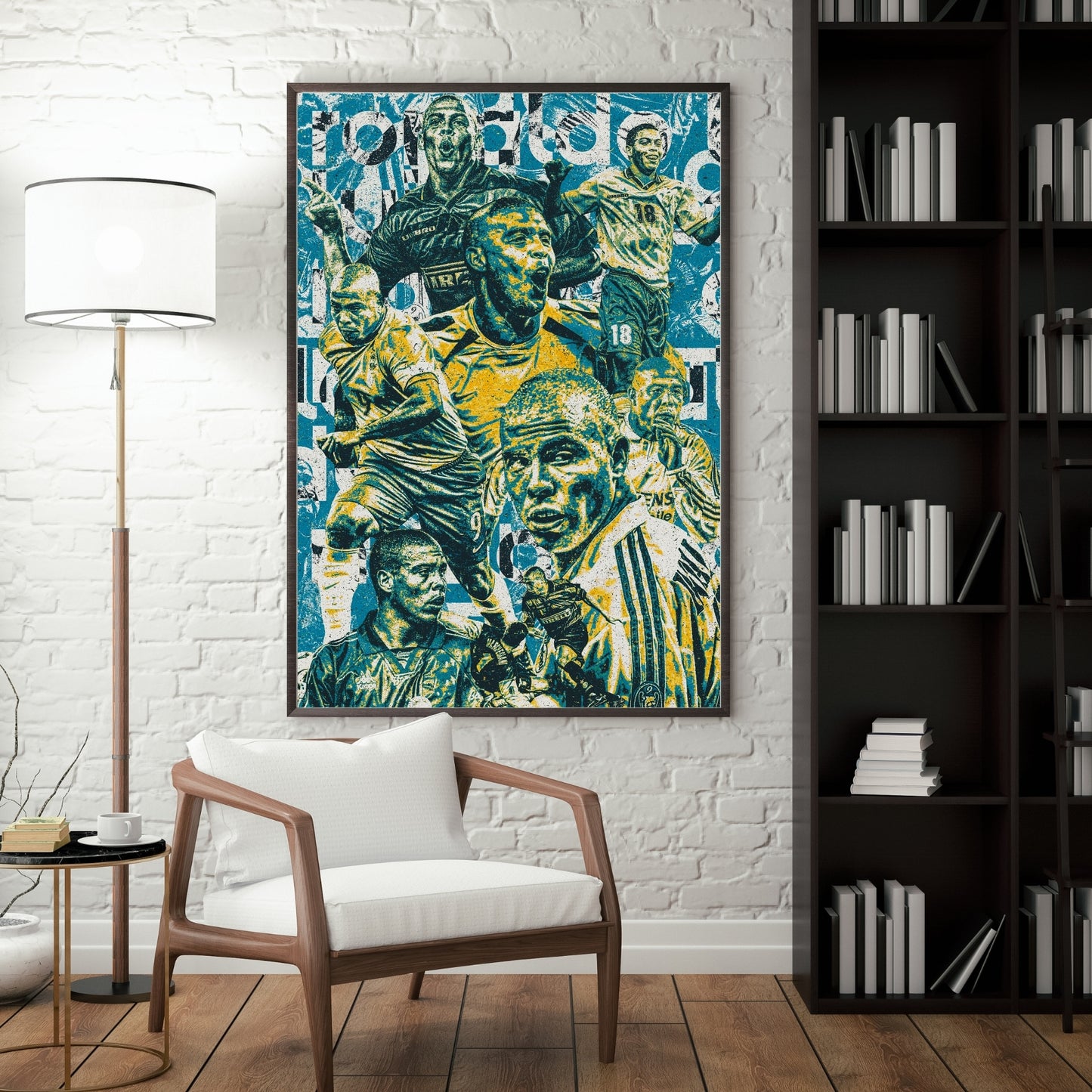 Ronaldo Nazario Brazil and Inter Milan football poster displayed in a modern interior with vintage blue and yellow artwork