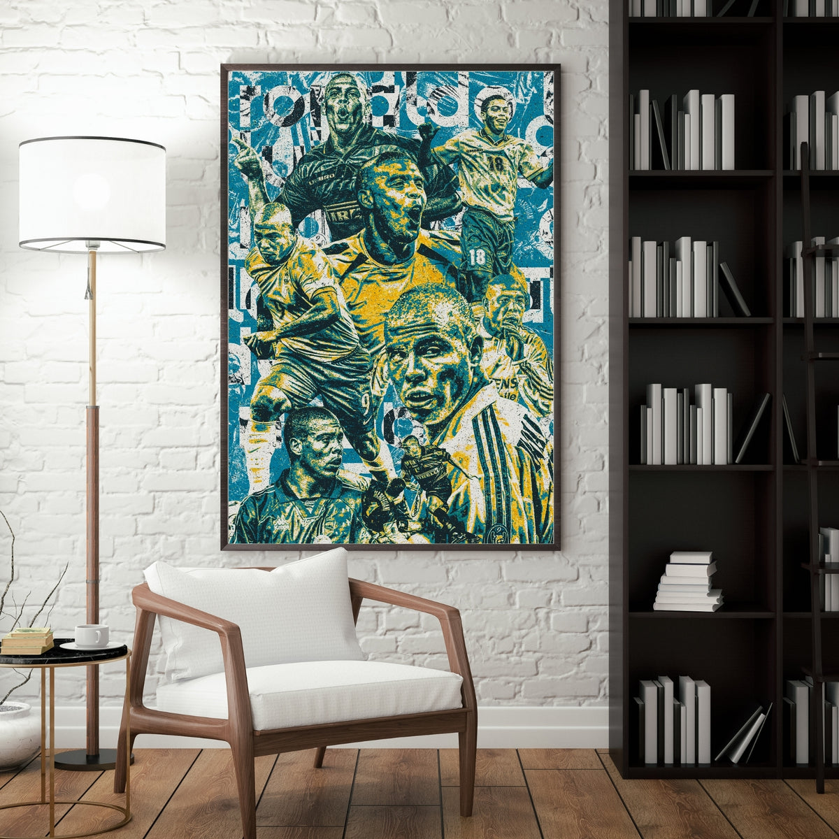 Ronaldo Nazario Brazil and Inter Milan football poster displayed in a modern interior with vintage blue and yellow artwork