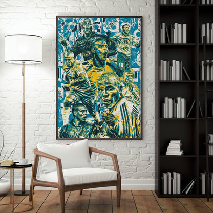 Ronaldo Nazario Brazil and Inter Milan football poster displayed in a modern interior with vintage blue and yellow artwork
