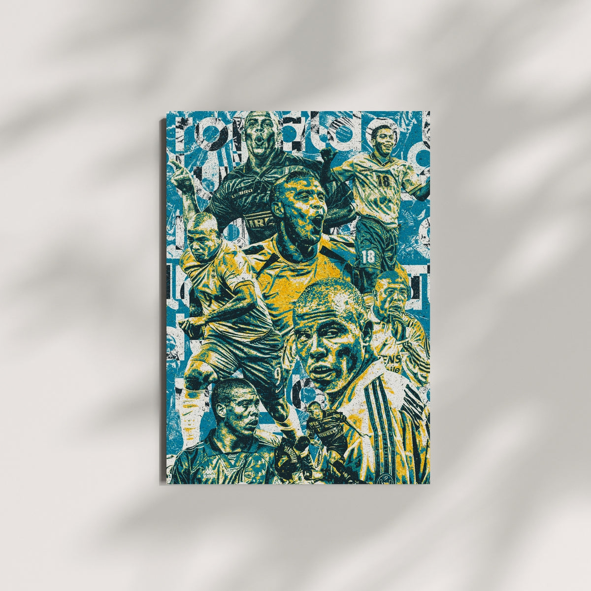 Ronaldo Nazario Brazil and Inter Milan football wall art displayed on a modern wall in a vintage blue and yellow design