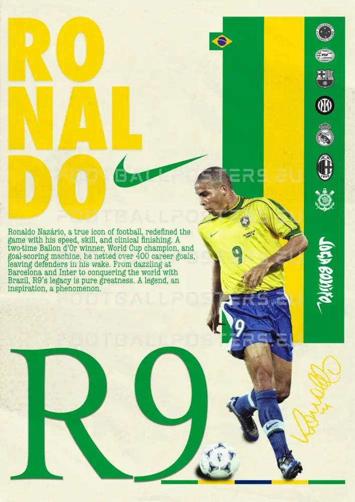 Retro R9 Brazil Football Posters | Iconic Wall Art for Fans – FootballPosters.eu