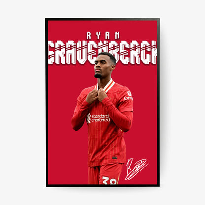 Framed poster of a soccer player in a red uniform with 'Ryan' and 'Grauebergh' text on a red background.
