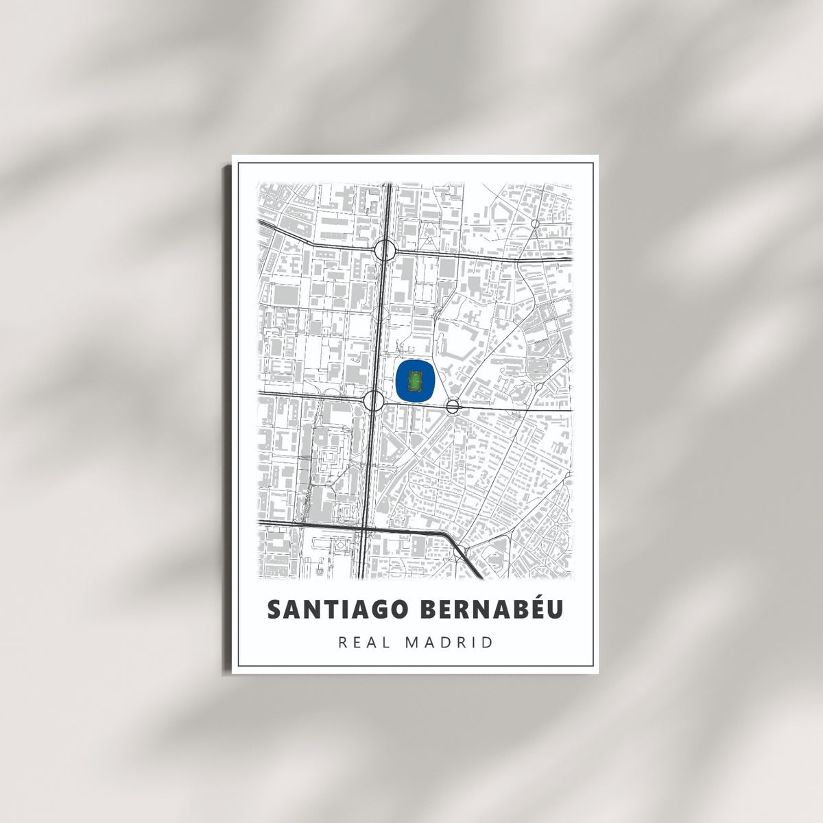Santiago Bernabéu Real Madrid football wall art featuring a minimalist stadium map design displayed on a modern wall