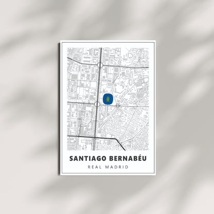Santiago Bernabéu Real Madrid football wall art featuring a minimalist stadium map design displayed on a modern wall