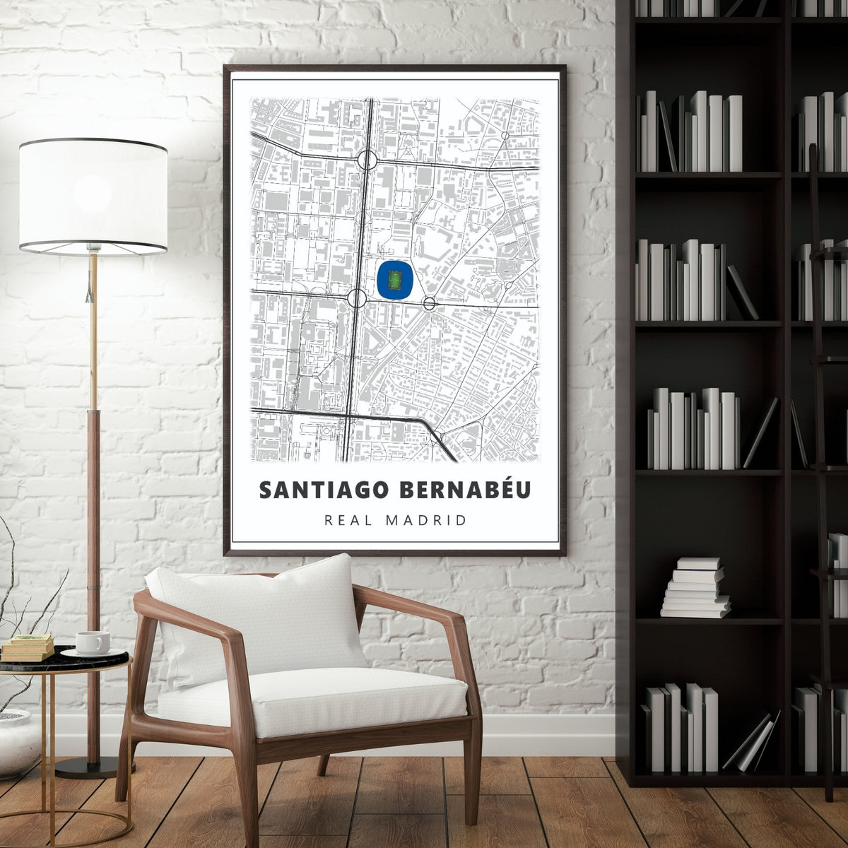 Santiago Bernabéu Real Madrid stadium map poster displayed in a modern interior as minimalist football room decor