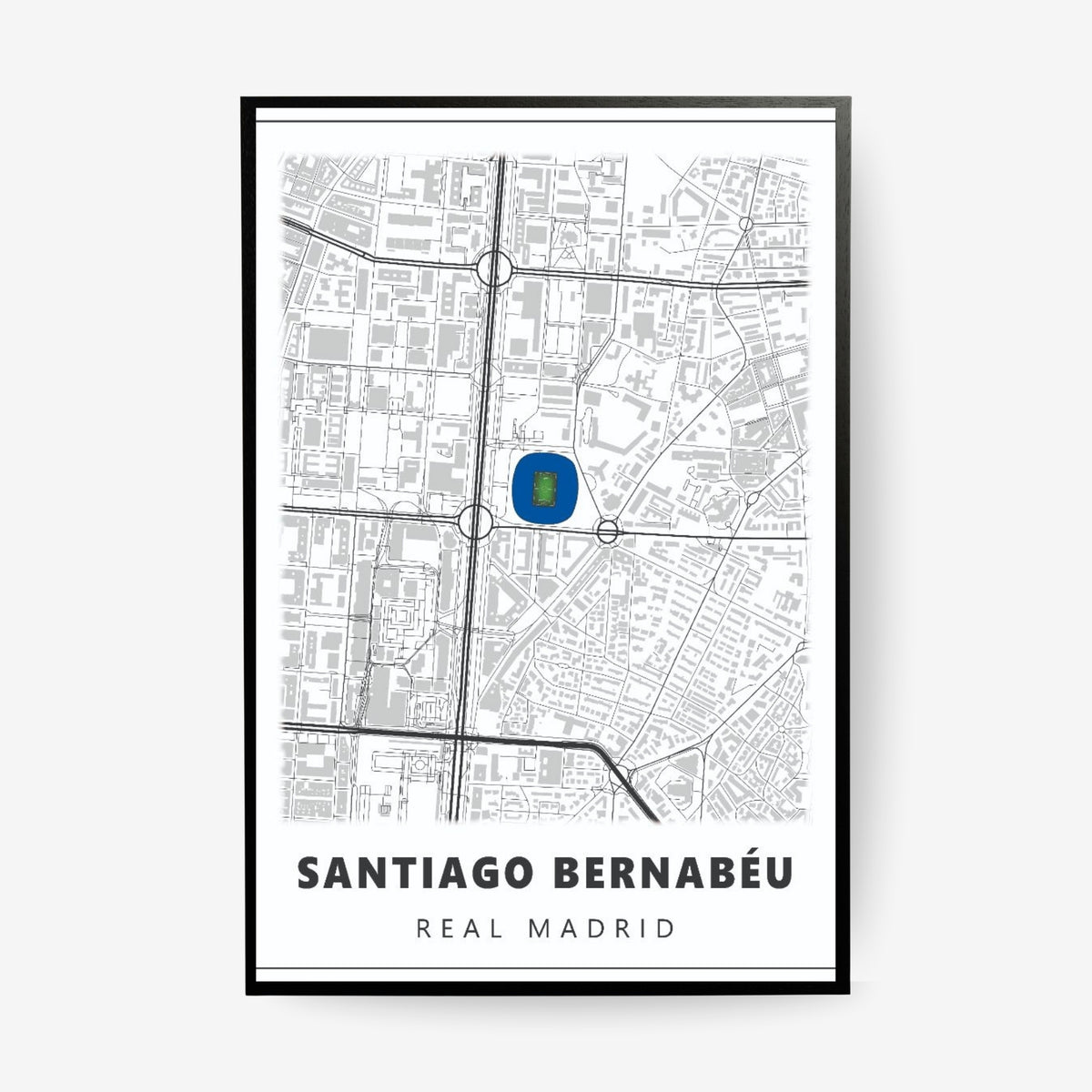 Santiago Bernabéu Real Madrid stadium map poster in a black frame featuring a minimalist Madrid map with the iconic football stadium highlighted in blue