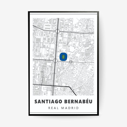 Santiago Bernabéu Real Madrid stadium map poster in a black frame featuring a minimalist Madrid map with the iconic football stadium highlighted in blue