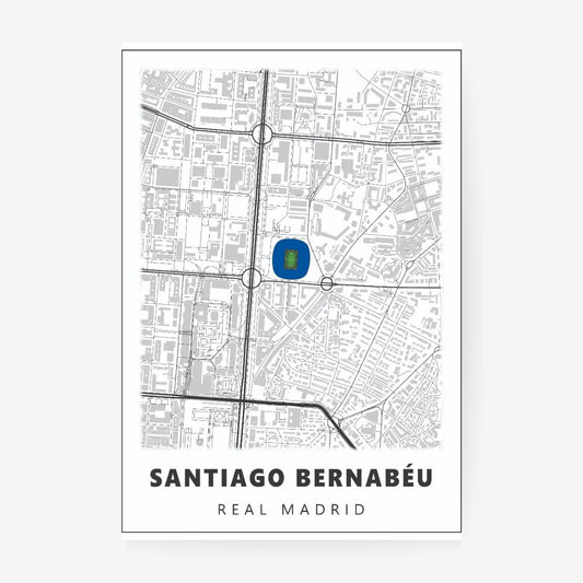 Santiago Bernabéu Real Madrid stadium map poster featuring a minimalist Madrid street map with the iconic football stadium highlighted in blue