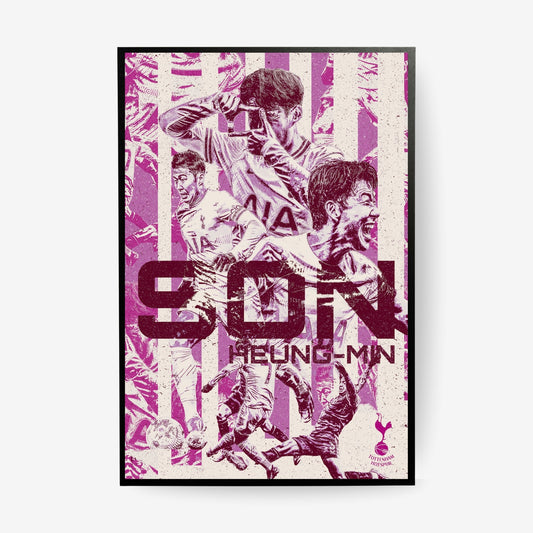 Son Heung-min Tottenham poster in a black frame featuring a pink and purple football collage