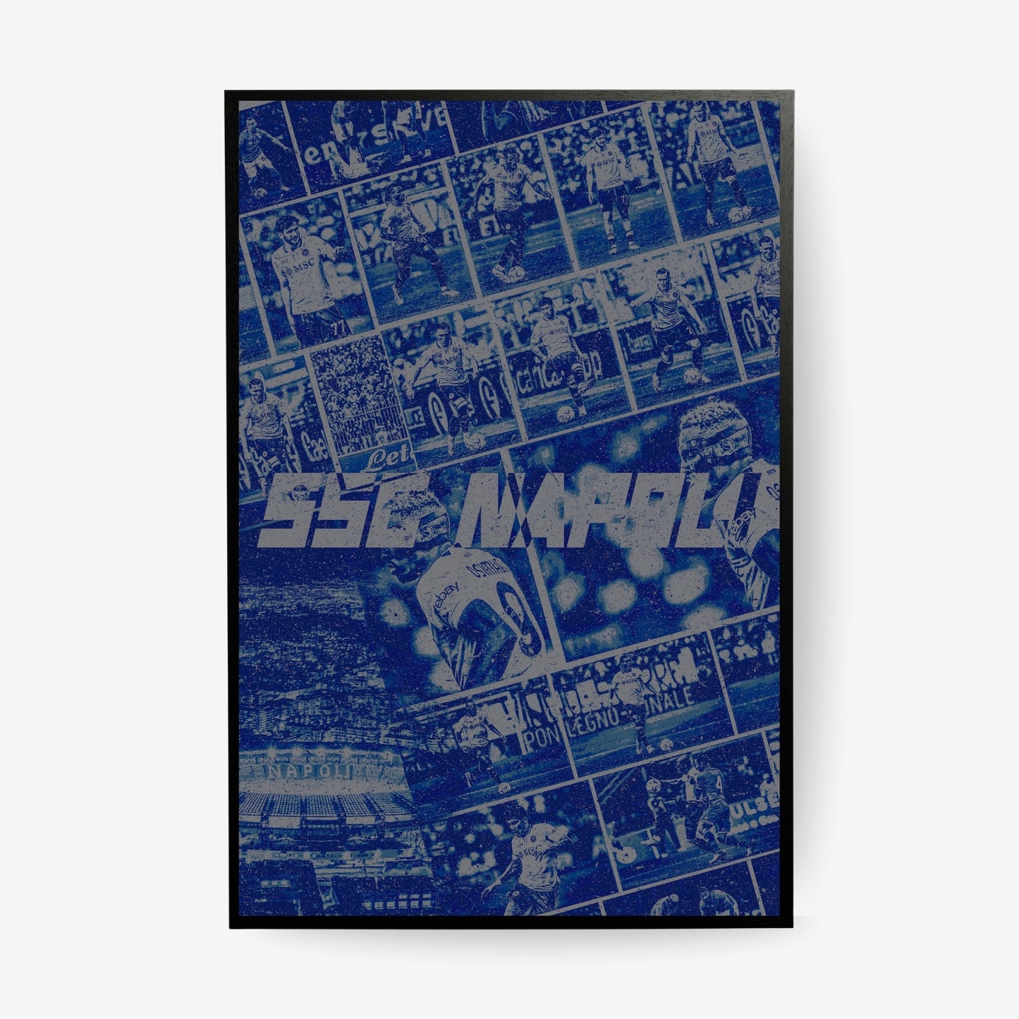 SSC Napoli football poster in a black frame featuring iconic players and memorable club moments