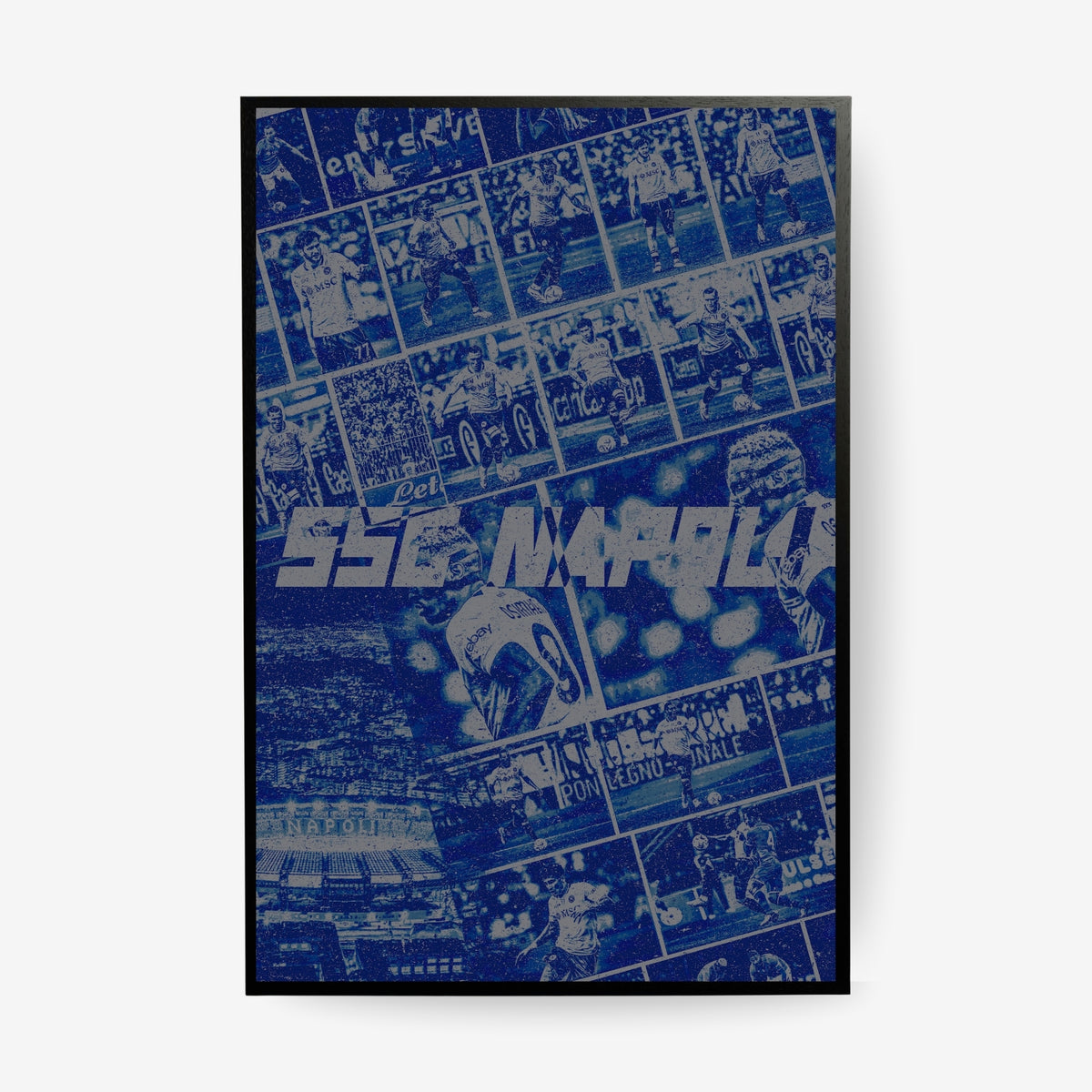 SSC Napoli football poster in a black frame featuring iconic players and memorable club moments