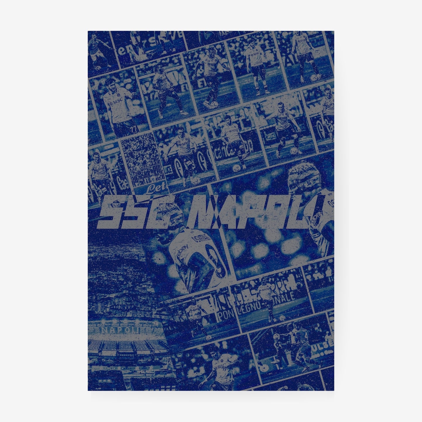 SSC Napoli football poster featuring players stadium scenes and iconic Napoli moments in blue