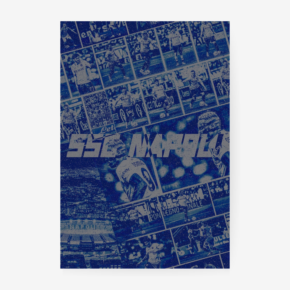 SSC Napoli football poster featuring players stadium scenes and iconic Napoli moments in blue