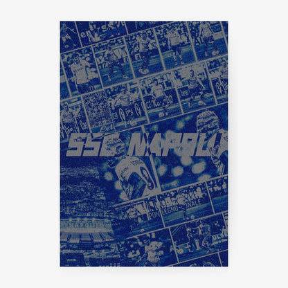 SSC Napoli football poster featuring players stadium scenes and iconic Napoli moments in blue