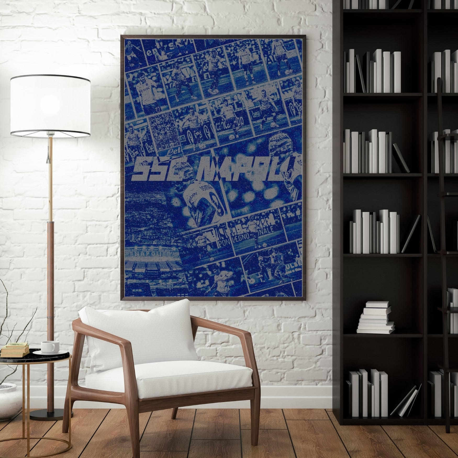 SSC Napoli football poster displayed in a modern interior with a dark frame