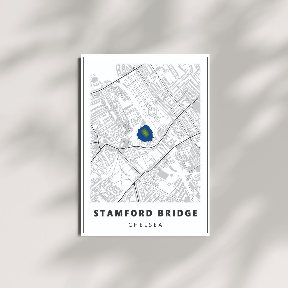Stamford Bridge Chelsea football wall art featuring a minimalist stadium map design displayed on a modern wall