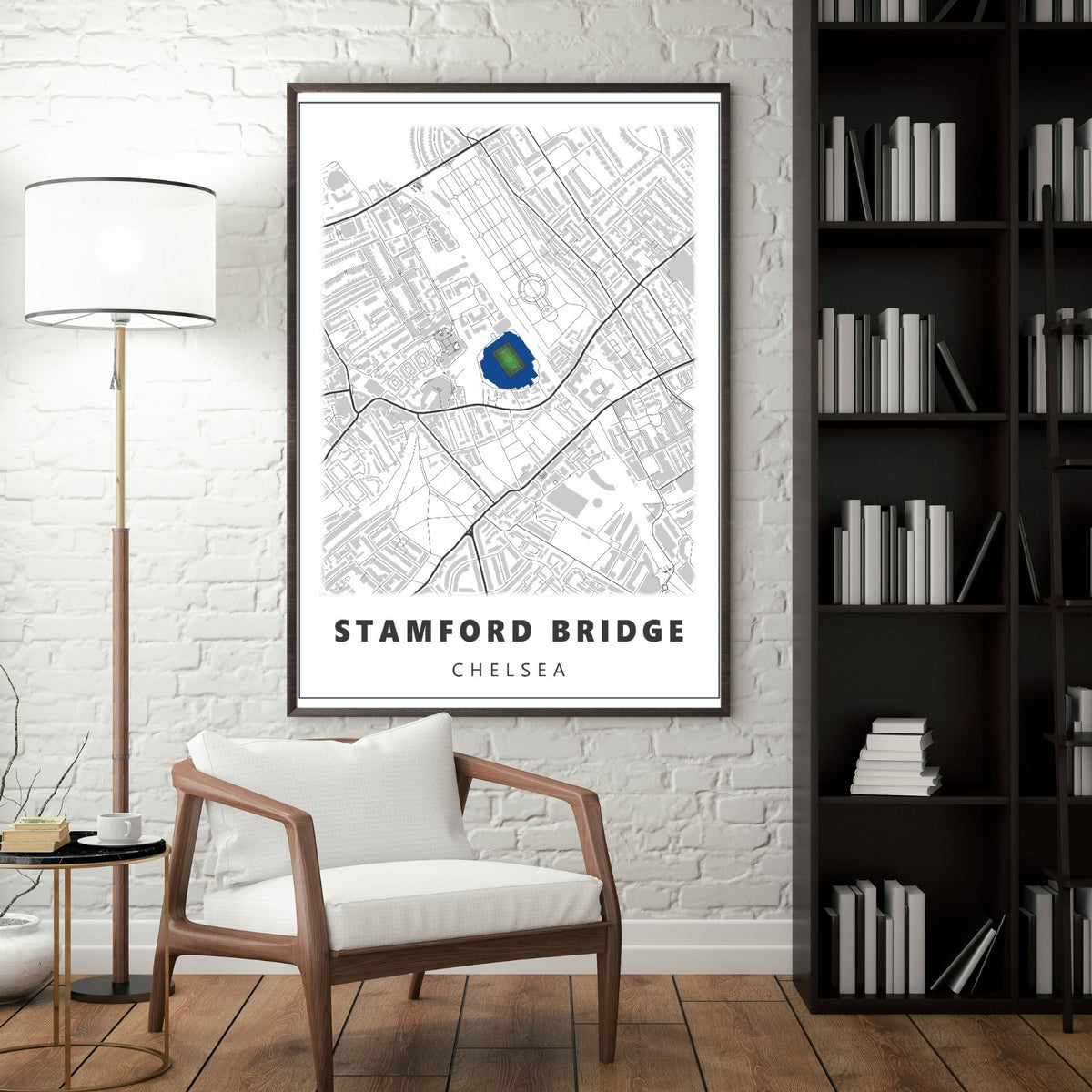 Stamford Bridge Chelsea stadium map poster displayed in a modern interior as minimalist football room decor