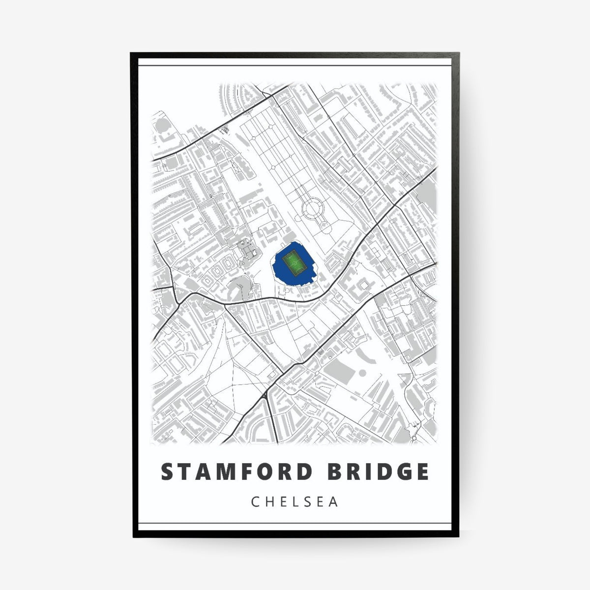 Stamford Bridge Chelsea stadium map poster in a black frame featuring a minimalist London street map and iconic football stadium