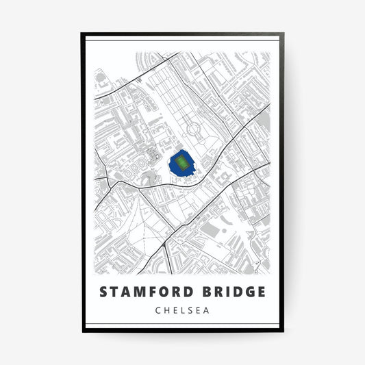 Stamford Bridge Chelsea stadium map poster in a black frame featuring a minimalist London street map and iconic football stadium