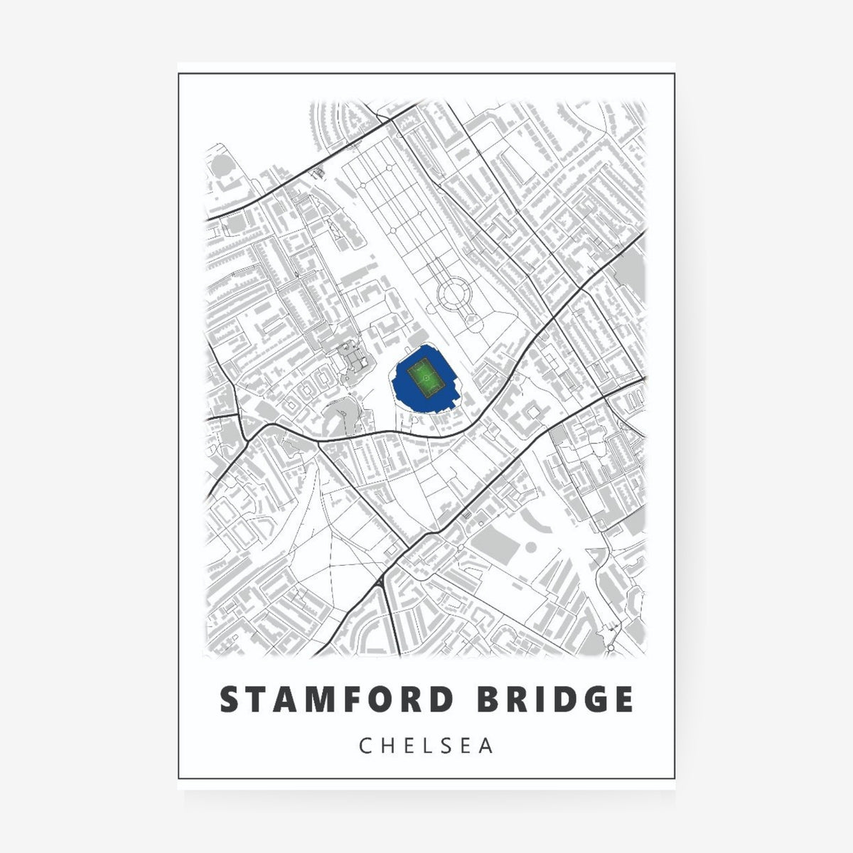 Stamford Bridge Chelsea stadium map poster featuring a minimalist London street map with the iconic stadium highlighted in blue