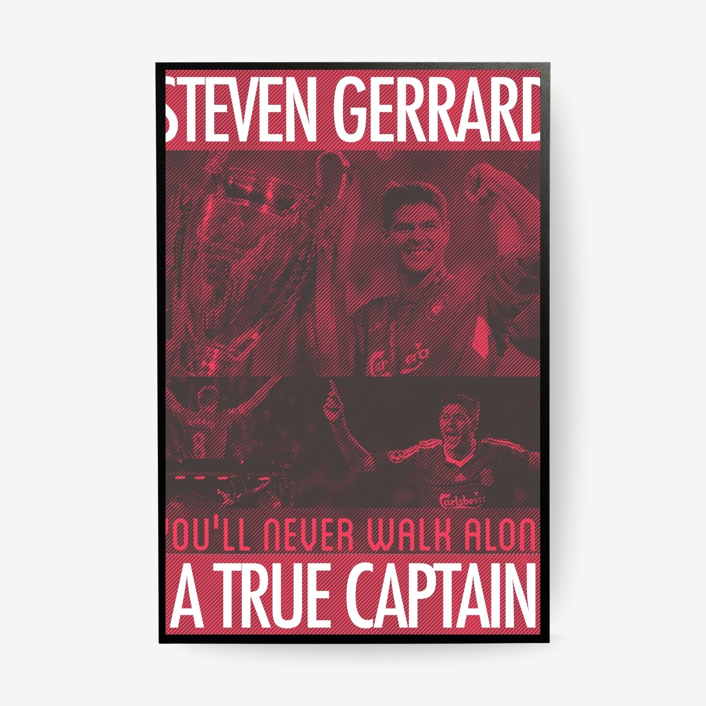 Steven Gerrard football poster in a black frame featuring a red Liverpool inspired captain design