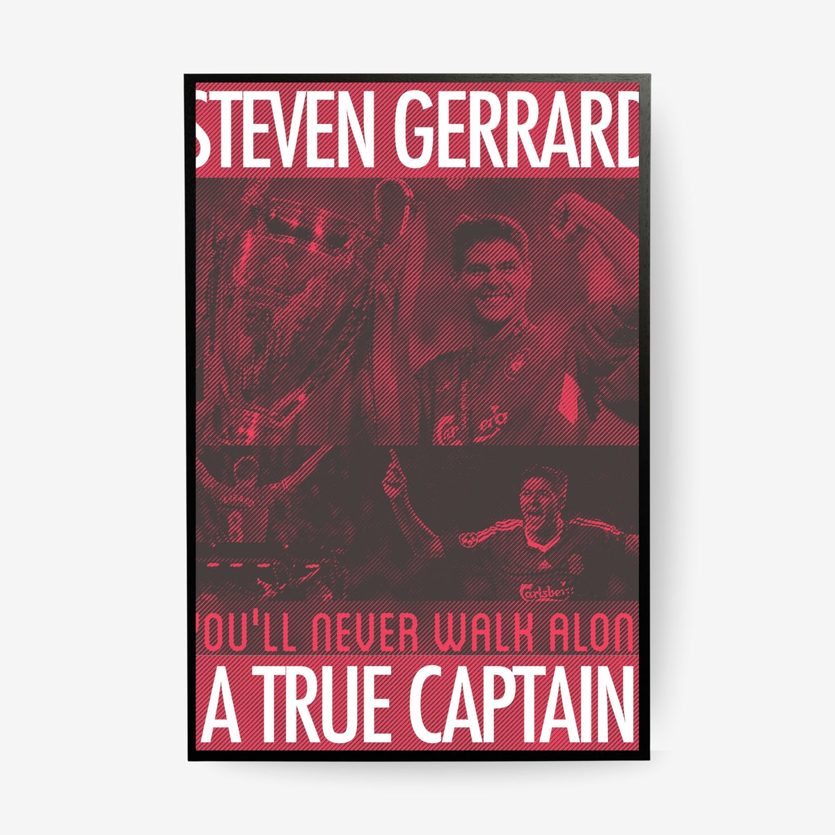 Steven Gerrard football poster in a black frame featuring a red Liverpool inspired captain design