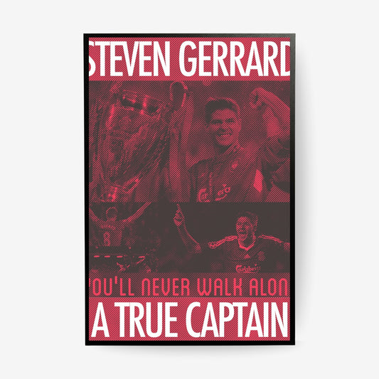 Steven Gerrard football poster in a black frame featuring a red Liverpool inspired captain design
